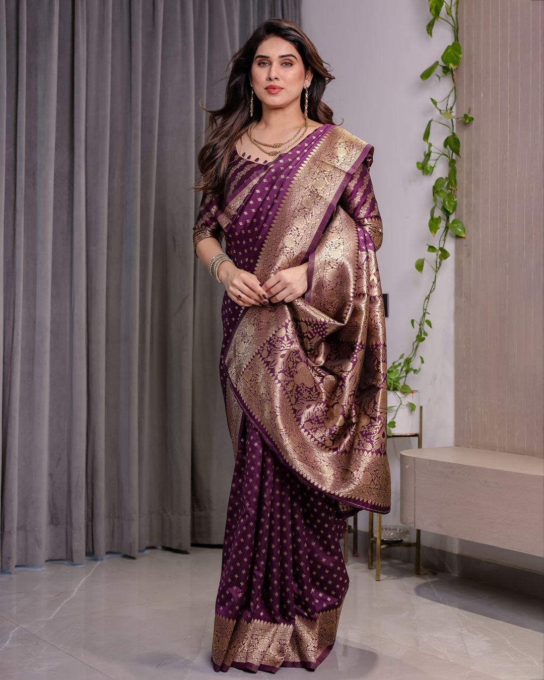 Rich Purple Banarasi Soft Silk Saree With Gold Zari Borders