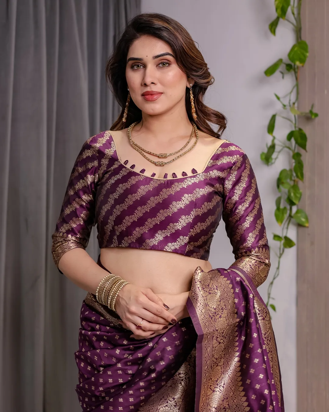 Rich Purple Banarasi Soft Silk Saree With Gold Zari Borders