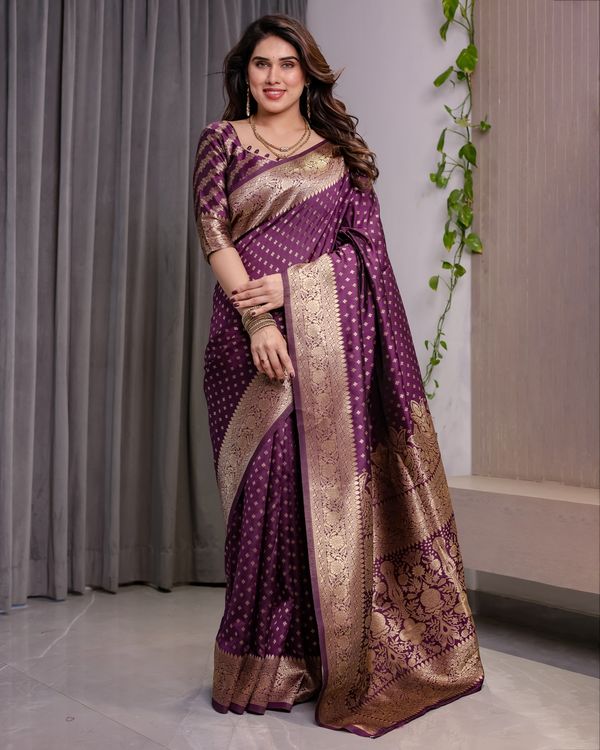 Rich Purple Banarasi Soft Silk Saree With Gold Zari Borders