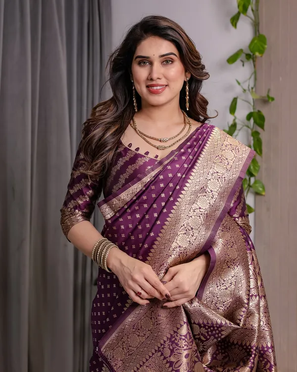 Rich Purple Banarasi Soft Silk Saree With Gold Zari Borders