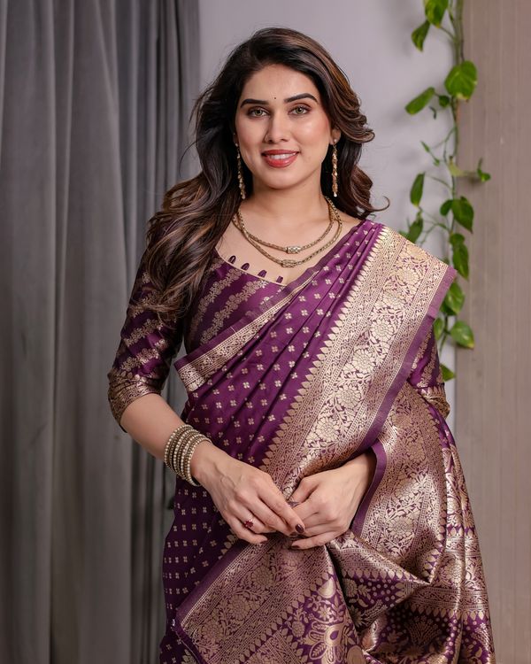 Rich Purple Banarasi Soft Silk Saree With Gold Zari Borders