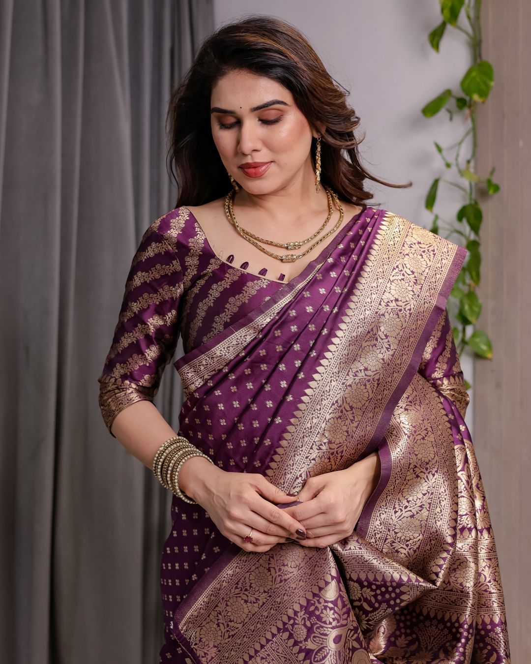Rich Purple Banarasi Soft Silk Saree With Gold Zari Borders