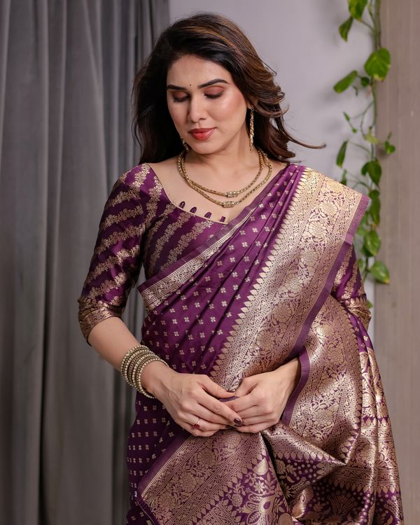 Rich Purple Banarasi Soft Silk Saree With Gold Zari Borders