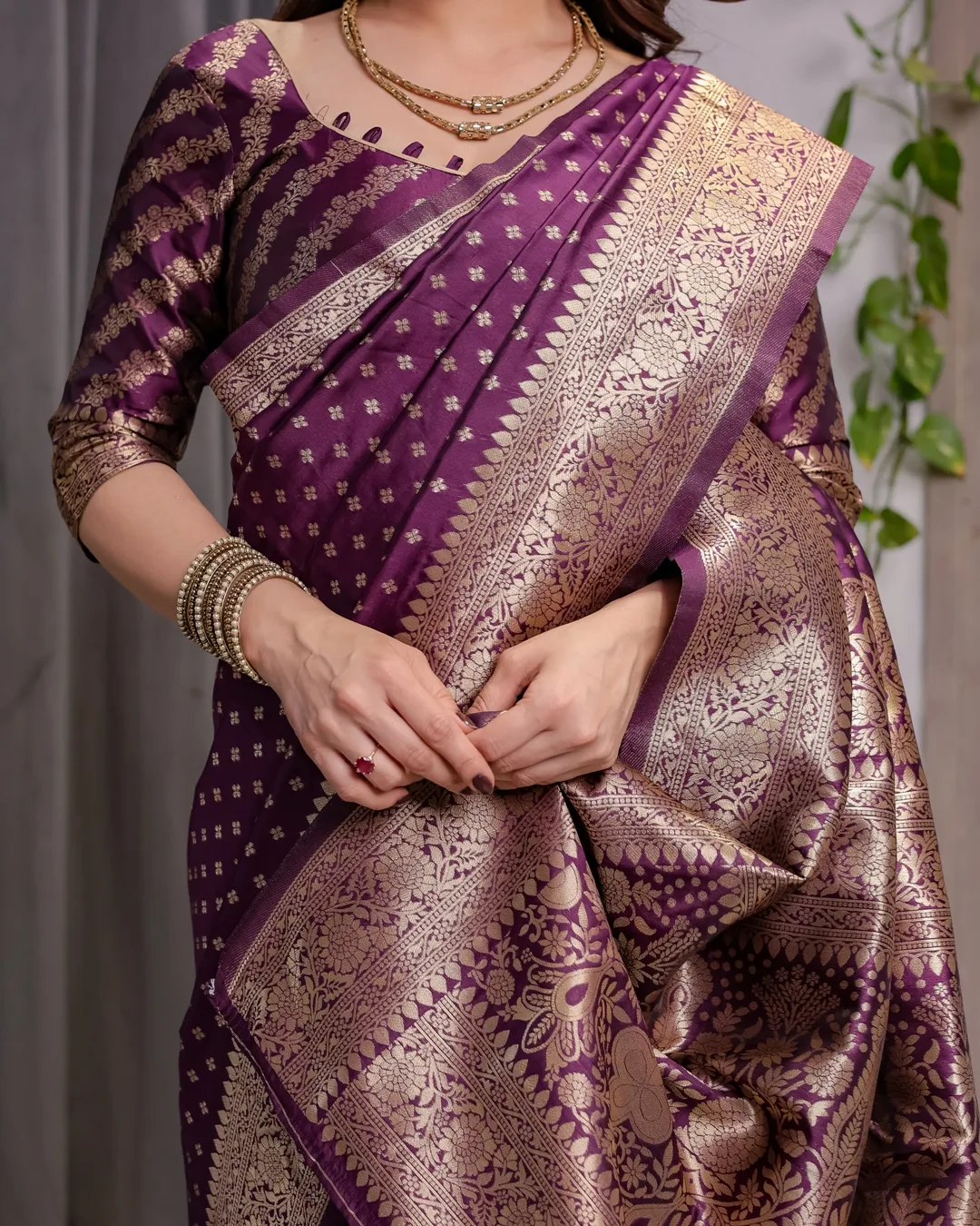 Rich Purple Banarasi Soft Silk Saree With Gold Zari Borders