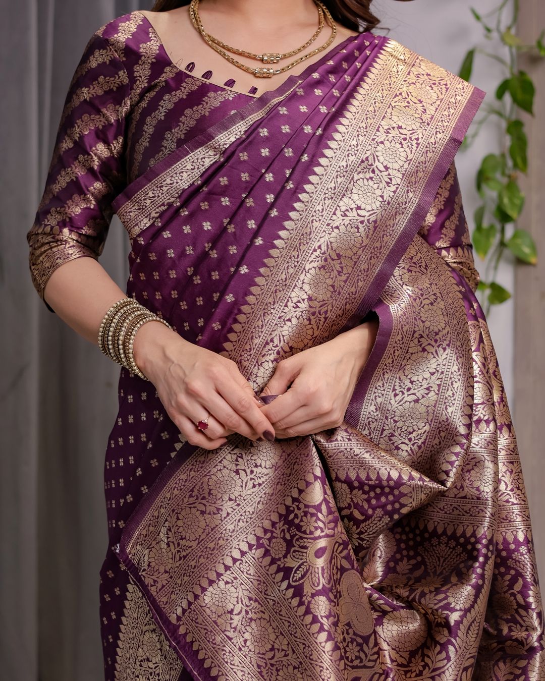 Rich Purple Banarasi Soft Silk Saree With Gold Zari Borders
