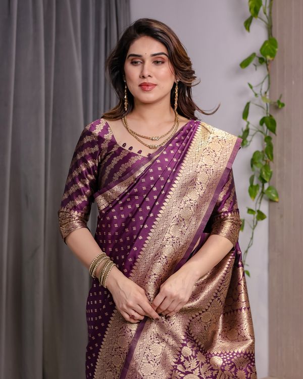Rich Purple Banarasi Soft Silk Saree With Gold Zari Borders