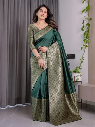 Deep Green Banarasi Soft Silk Saree with Golden Zari Border