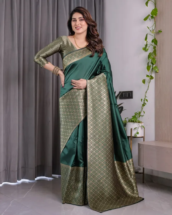 Deep Green Banarasi Soft Silk Saree With Golden Zari Border