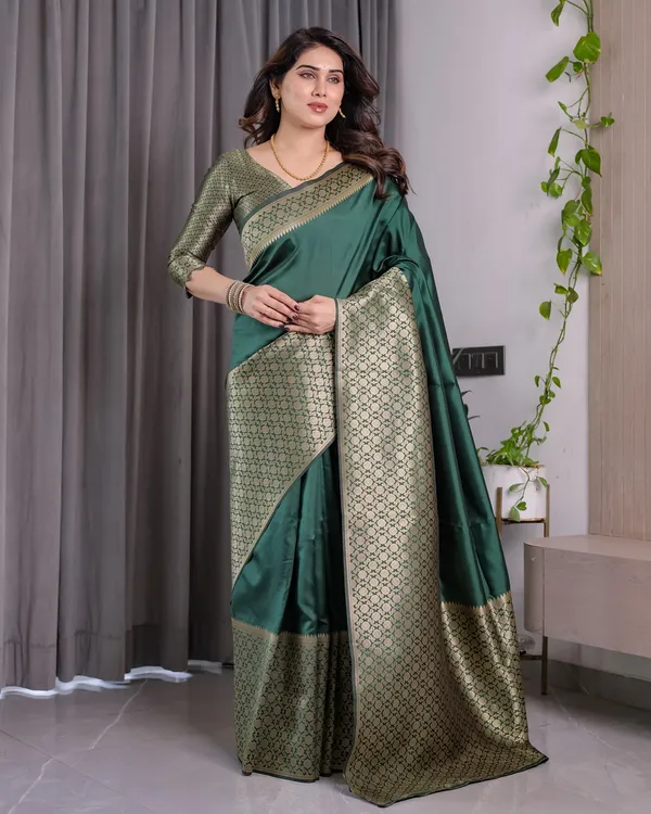 Deep Green Banarasi Soft Silk Saree With Golden Zari Border