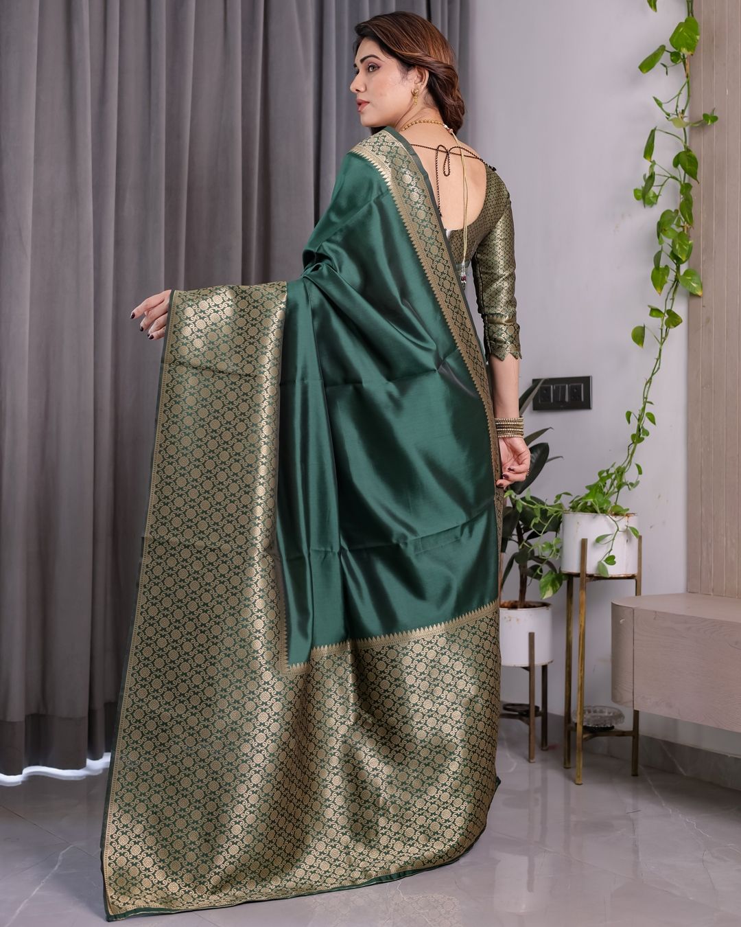 Deep Green Banarasi Soft Silk Saree With Golden Zari Border