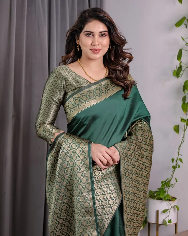 Deep Green Banarasi Soft Silk Saree With Golden Zari Border