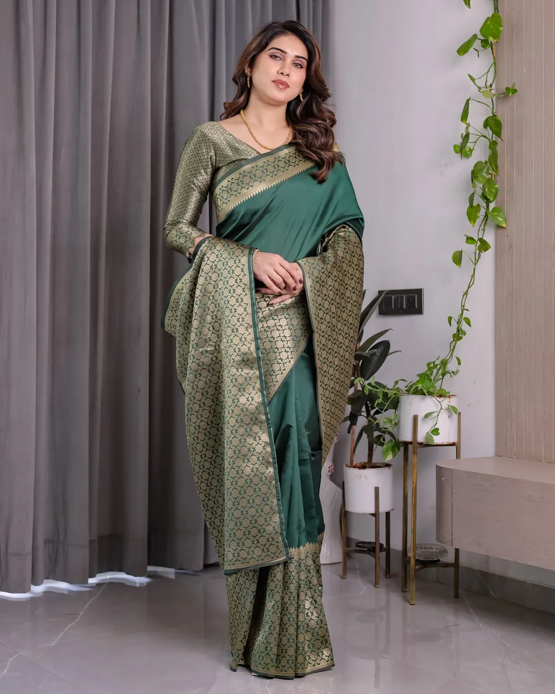 Deep Green Banarasi Soft Silk Saree With Golden Zari Border