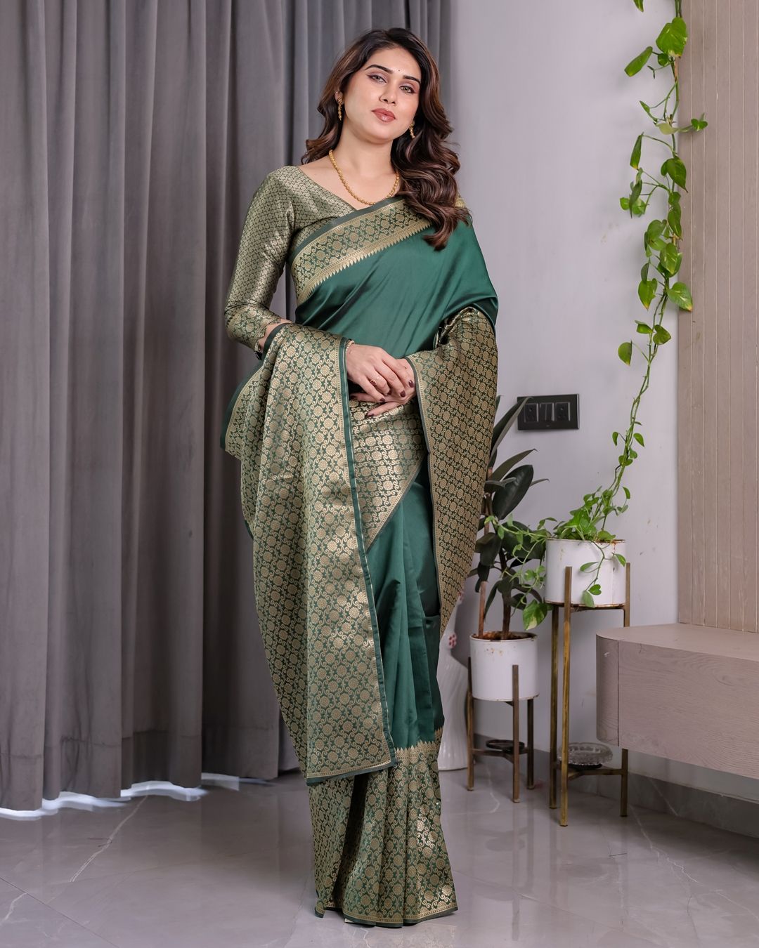 Deep Green Banarasi Soft Silk Saree With Golden Zari Border