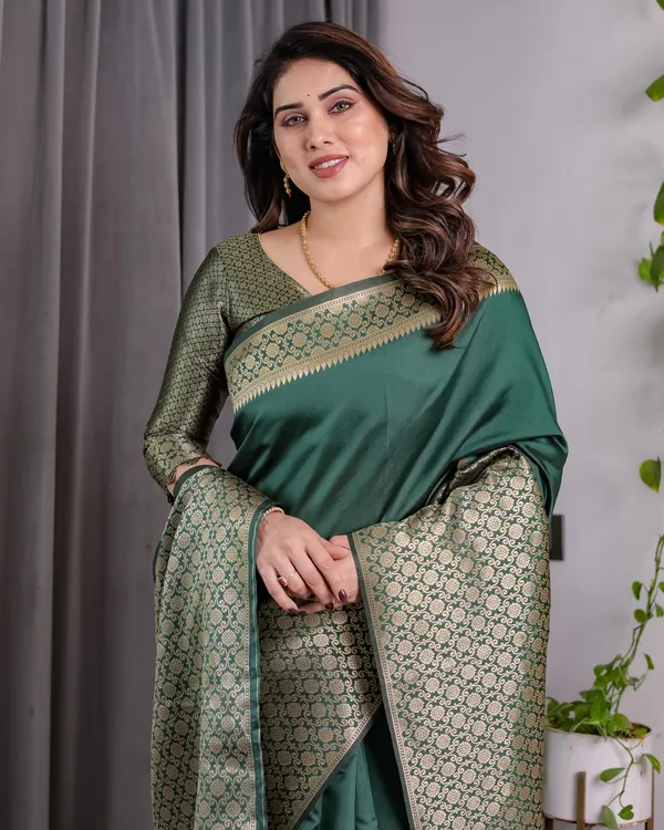Deep Green Banarasi Soft Silk Saree With Golden Zari Border