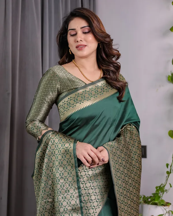 Deep Green Banarasi Soft Silk Saree With Golden Zari Border