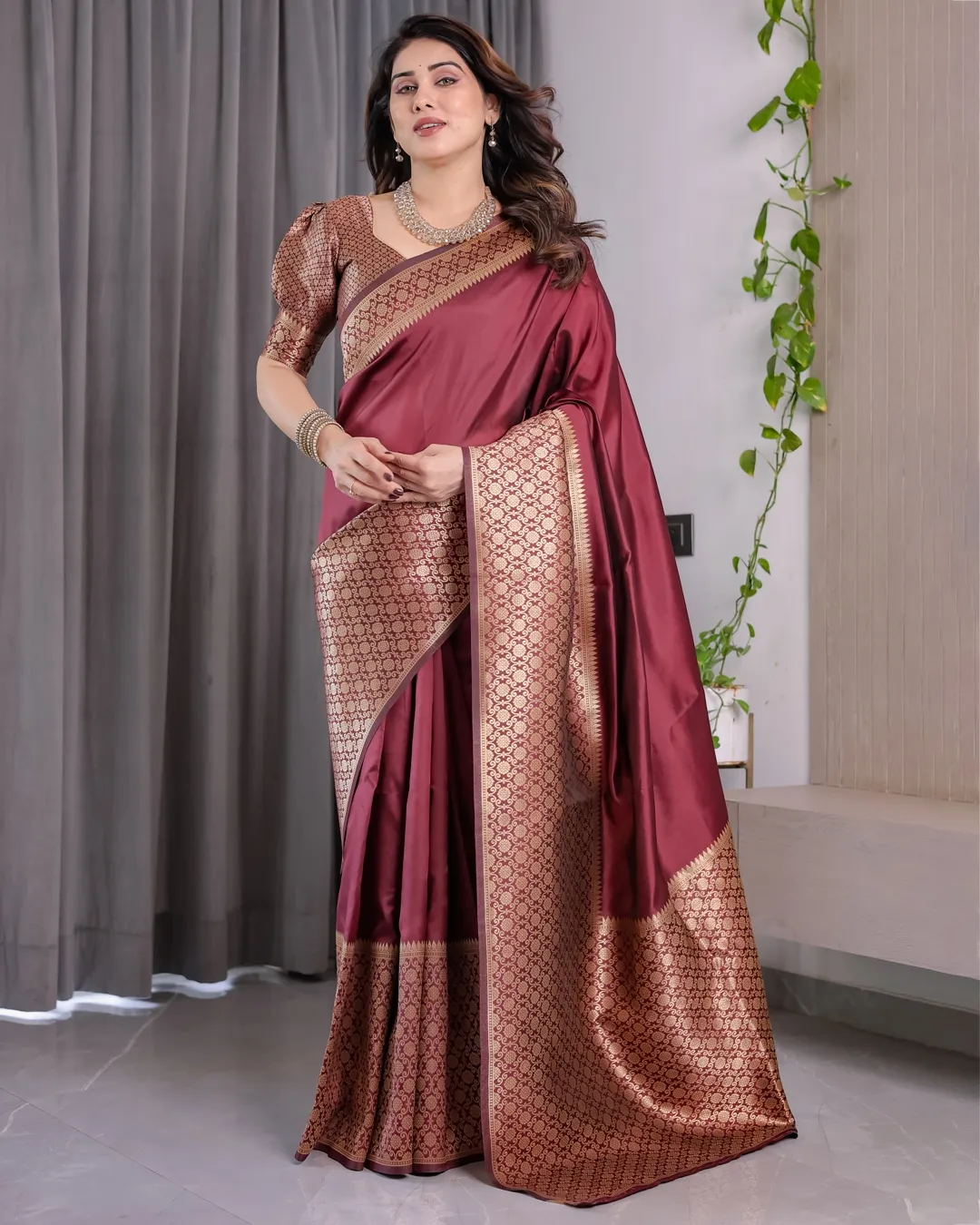 Wine Maroon Banarasi Soft Silk Saree With Elegant Gold Zari