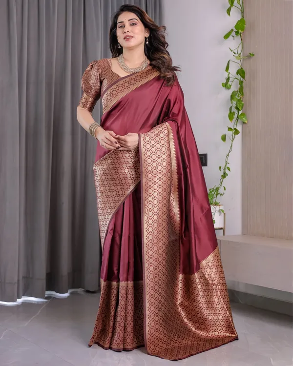 Wine Maroon Banarasi Soft Silk Saree With Elegant Gold Zari