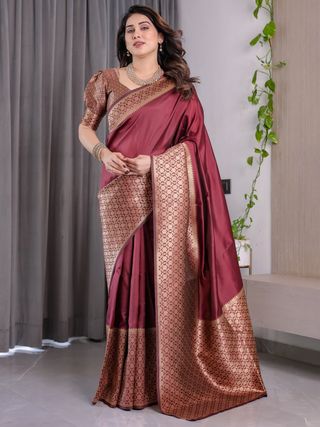 Wine Maroon Banarasi Soft Silk Saree With Elegant Gold Zari
