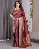 Wine Maroon Banarasi Soft Silk Saree With Elegant Gold Zari - Maroon, Wine, Brick Red, Burgundy, Plum
