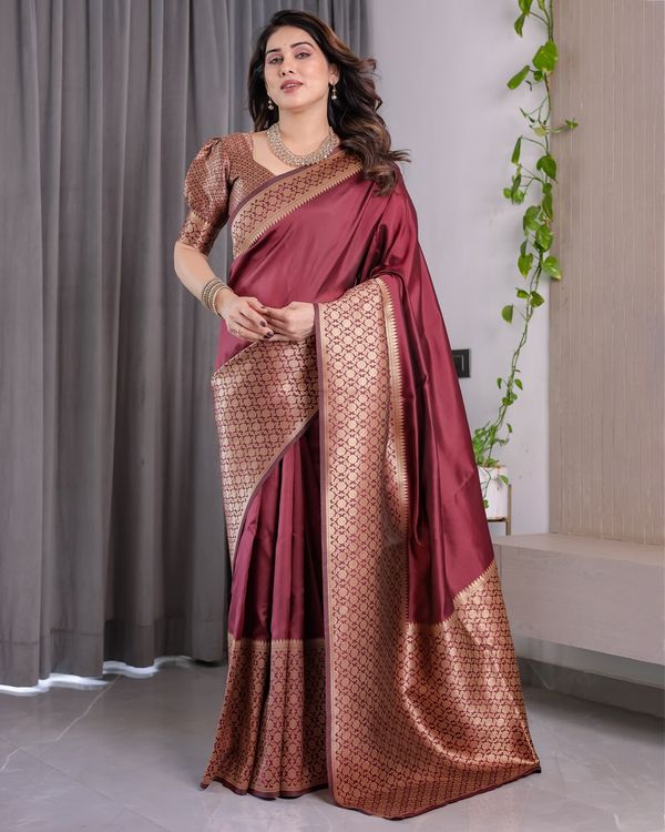 Wine Maroon Banarasi Soft Silk Saree With Elegant Gold Zari