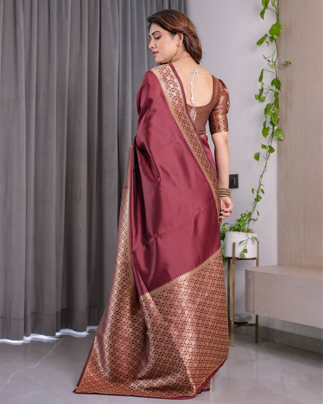 Wine Maroon Banarasi Soft Silk Saree With Elegant Gold Zari
