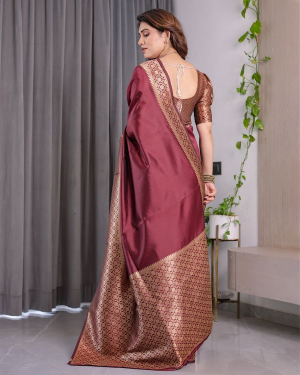 Wine Maroon Banarasi Soft Silk Saree With Elegant Gold Zari