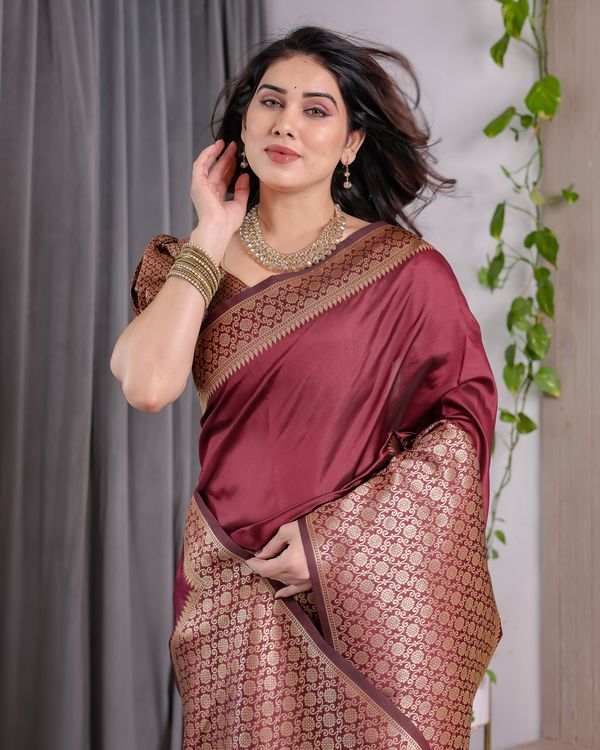 Wine Maroon Banarasi Soft Silk Saree With Elegant Gold Zari