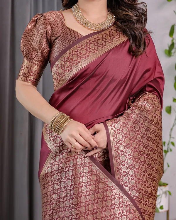 Wine Maroon Banarasi Soft Silk Saree With Elegant Gold Zari