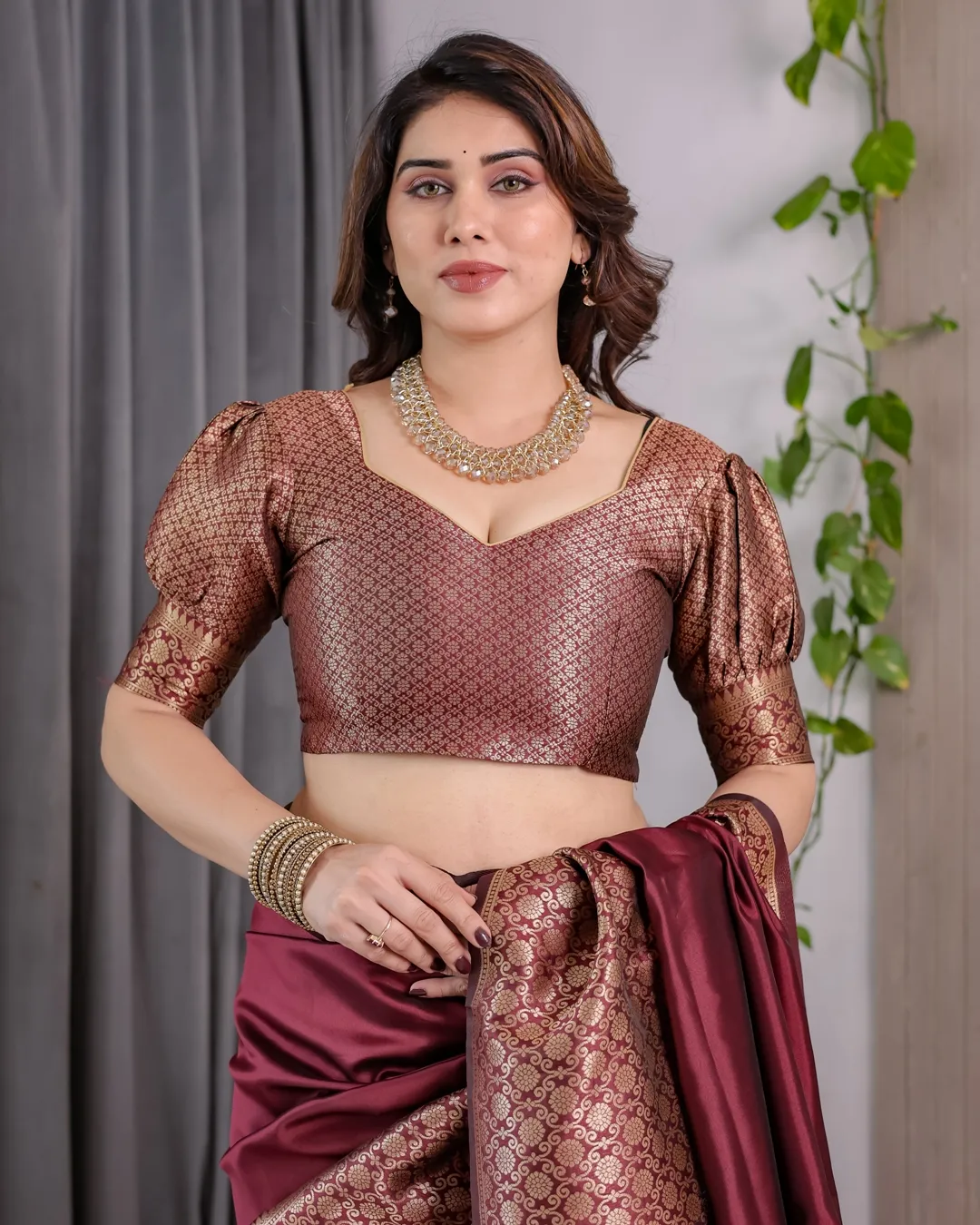 Wine Maroon Banarasi Soft Silk Saree With Elegant Gold Zari