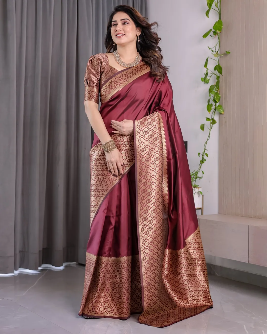 Wine Maroon Banarasi Soft Silk Saree With Elegant Gold Zari