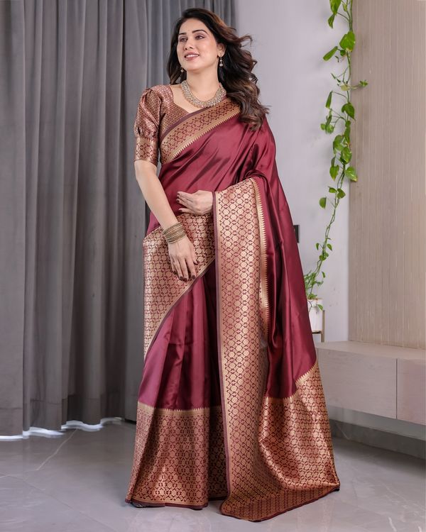 Wine Maroon Banarasi Soft Silk Saree With Elegant Gold Zari