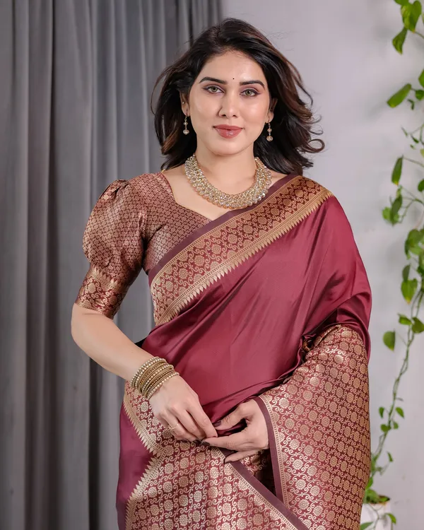 Wine Maroon Banarasi Soft Silk Saree With Elegant Gold Zari