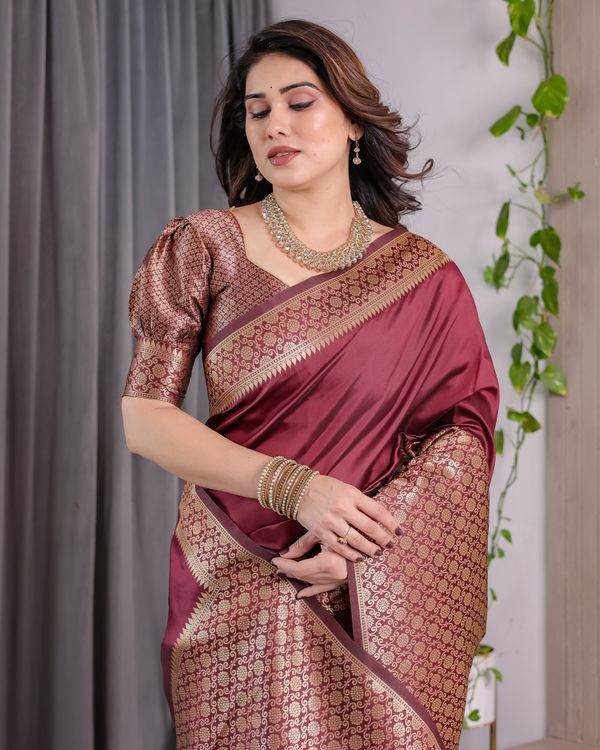 Wine Maroon Banarasi Soft Silk Saree With Elegant Gold Zari
