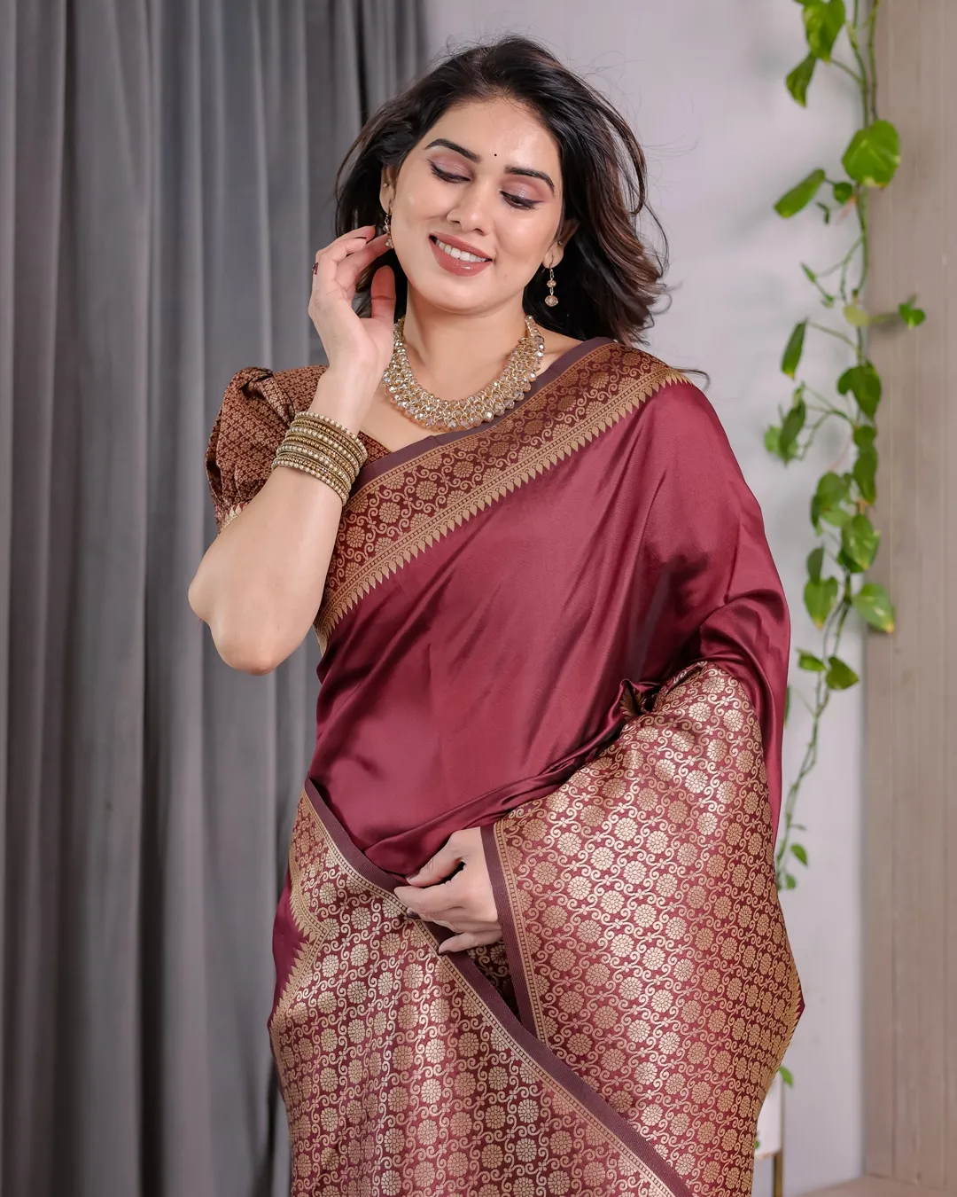 Wine Maroon Banarasi Soft Silk Saree With Elegant Gold Zari