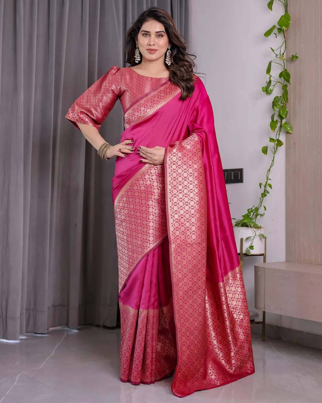 Rani Pink Banarasi Soft Silk Saree With Elegant Golden Zari