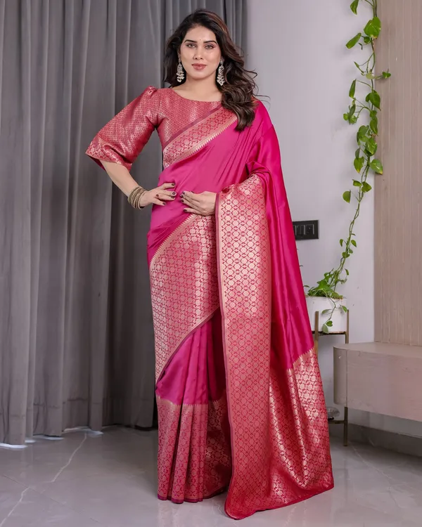 Rani Pink Banarasi Soft Silk Saree With Elegant Golden Zari
