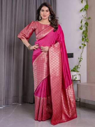 Rani Pink Banarasi Soft Silk Saree With Elegant Golden Zari