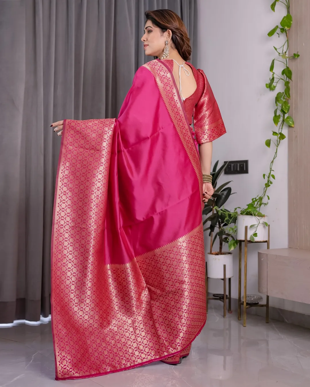 Rani Pink Banarasi Soft Silk Saree With Elegant Golden Zari