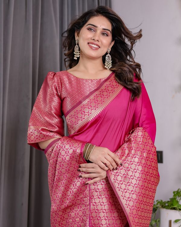 Rani Pink Banarasi Soft Silk Saree With Elegant Golden Zari