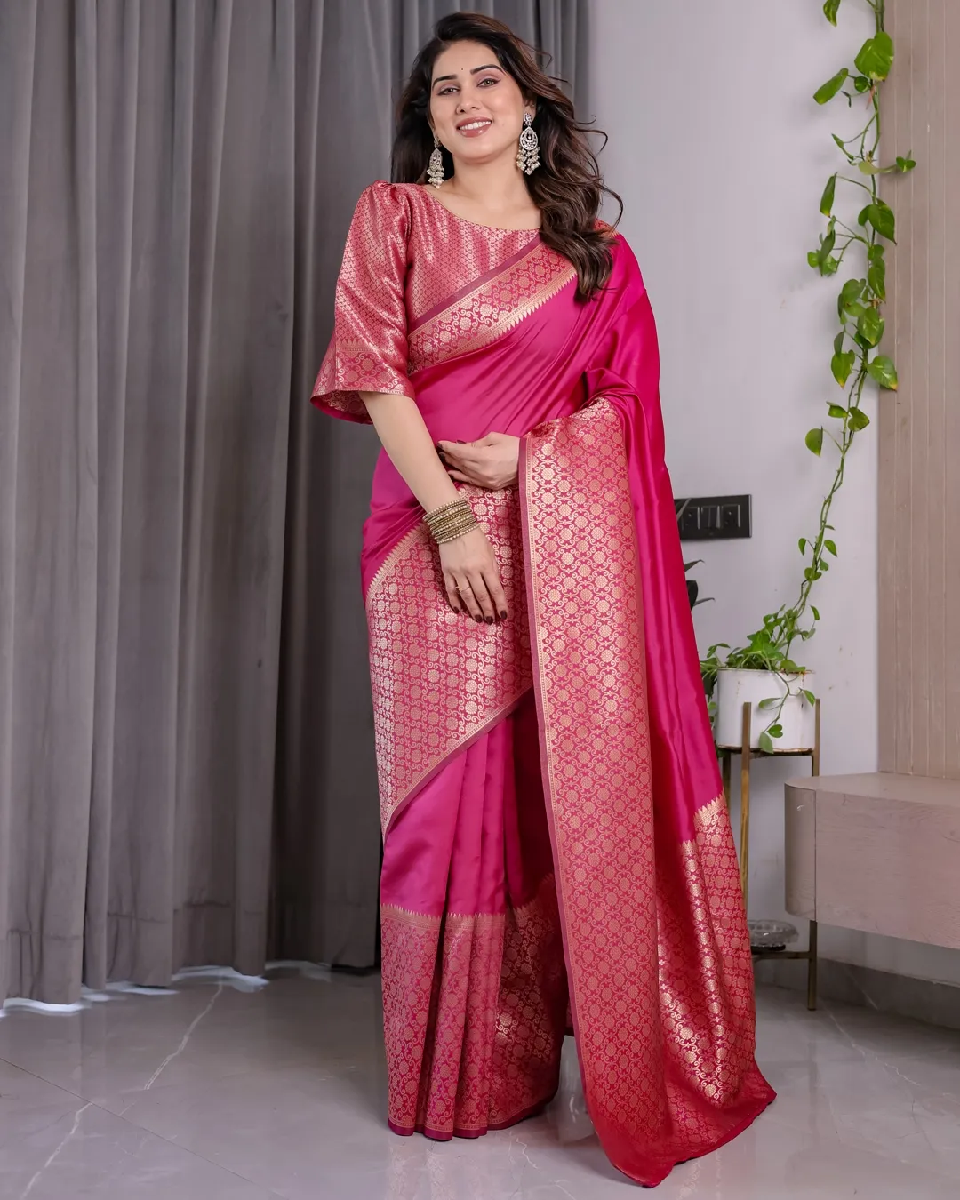 Rani Pink Banarasi Soft Silk Saree With Elegant Golden Zari