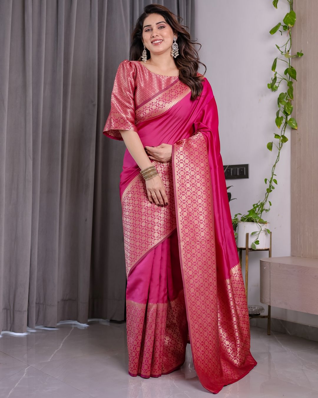 Rani Pink Banarasi Soft Silk Saree With Elegant Golden Zari
