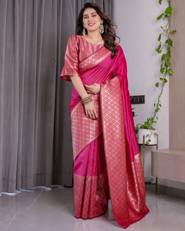 Rani Pink Banarasi Soft Silk Saree With Elegant Golden Zari