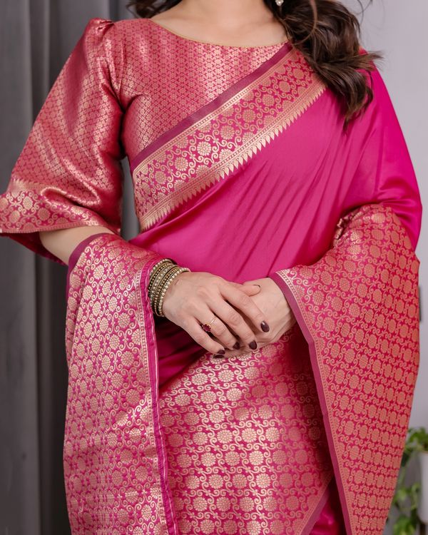 Rani Pink Banarasi Soft Silk Saree With Elegant Golden Zari