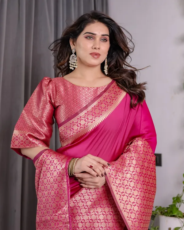 Rani Pink Banarasi Soft Silk Saree With Elegant Golden Zari