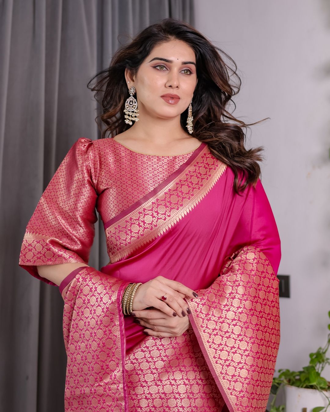 Rani Pink Banarasi Soft Silk Saree With Elegant Golden Zari