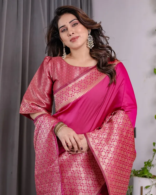 Rani Pink Banarasi Soft Silk Saree With Elegant Golden Zari