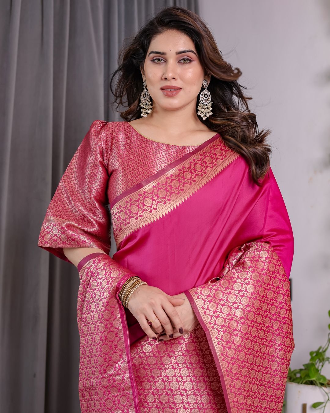 Rani Pink Banarasi Soft Silk Saree With Elegant Golden Zari