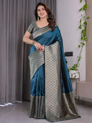 Teal Blue Banarasi Soft Silk Saree with Elegant Golden Zari