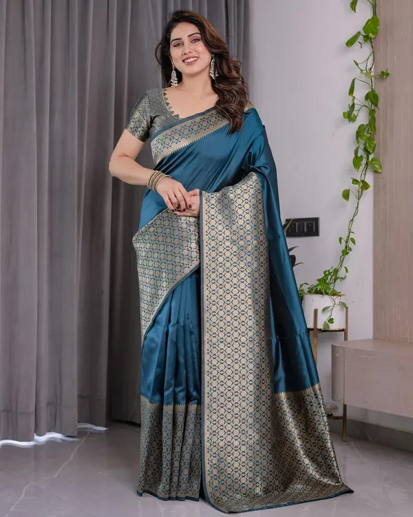 Teal Blue Banarasi Soft Silk Saree With Elegant Golden Zari