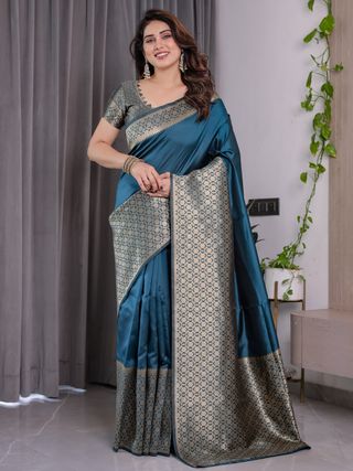 Teal Blue Banarasi Soft Silk Saree With Elegant Golden Zari